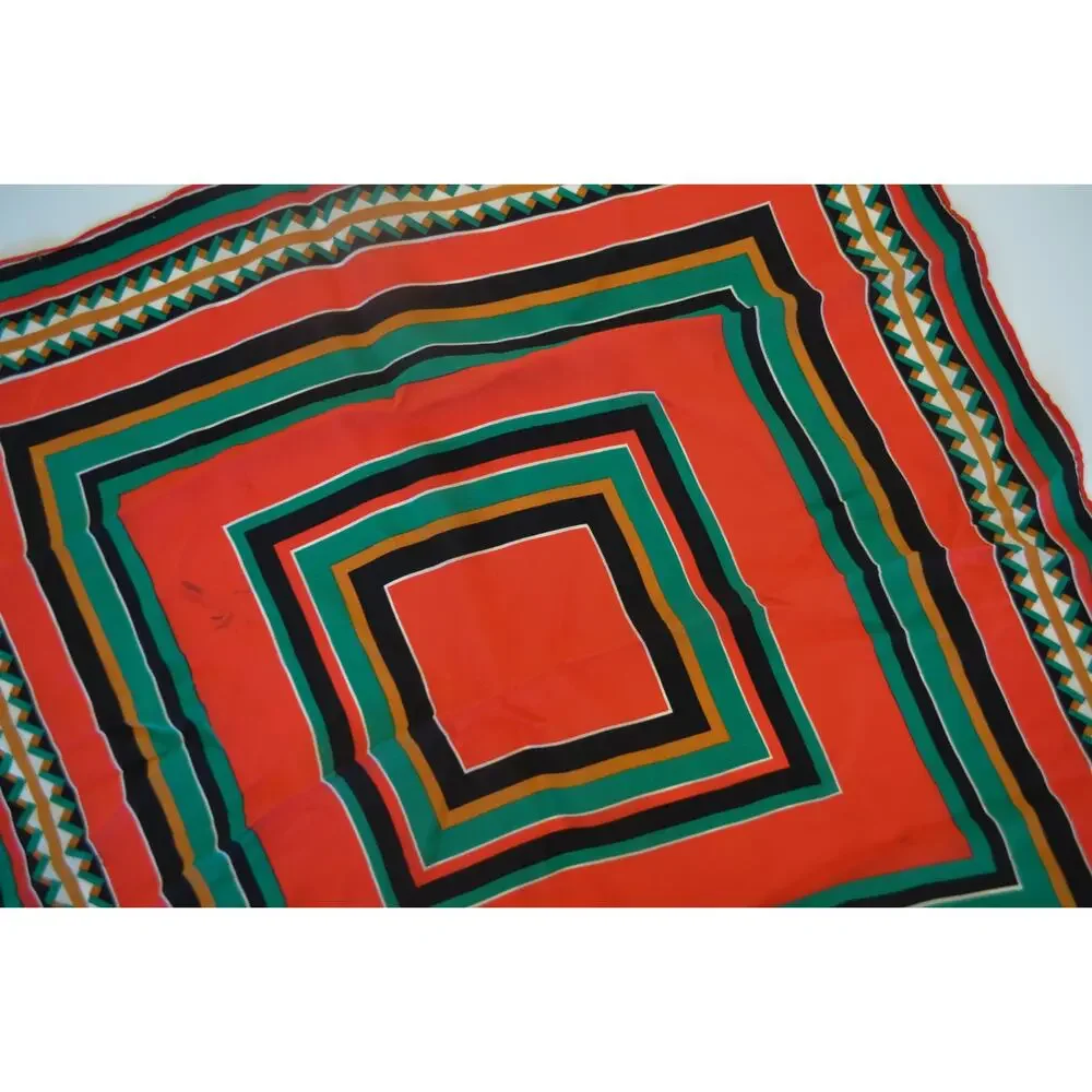 Vintage Silk Scarf Red Green Geometric Print - Picture 2 of 4